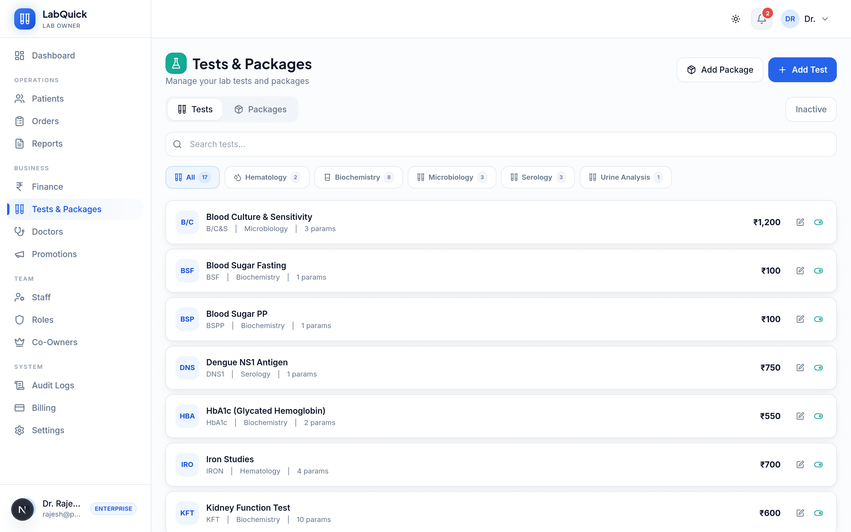 LabQuick test catalog with departments, parameters and prices